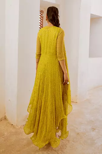 Gulbahar lemon green midi with jugnu cape & belt set.