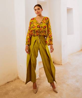 Gulbahar bumble bee green boho frill top with inner & fall pants set. 1