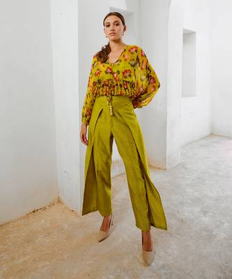 Gulbahar bumble bee green boho frill top with inner & fall pants set. 2