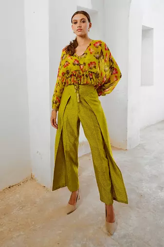 Gulbahar bumble bee green boho frill top with inner & fall pants set.