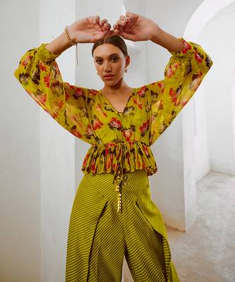 Gulbahar bumble bee green boho frill top with inner & fall pants set. 3