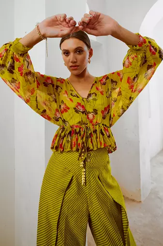 Gulbahar bumble bee green boho frill top with inner & fall pants set.