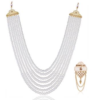   groom sherwani necklace layered moti mala for wedding | groom mala with brooch set 2