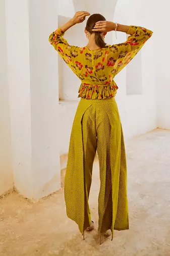 Gulbahar bumble bee green boho frill top with inner & fall pants set.