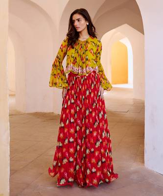 Gulbahar bumble bee boho top with chilly red chiffon skirt set. 1