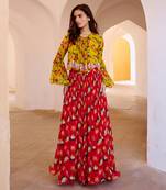 Gulbahar bumble bee boho top with chilly red chiffon skirt set.