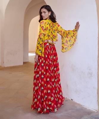 Gulbahar bumble bee boho top with chilly red chiffon skirt set. 2