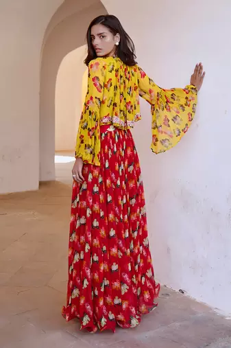 Gulbahar bumble bee boho top with chilly red chiffon skirt set.