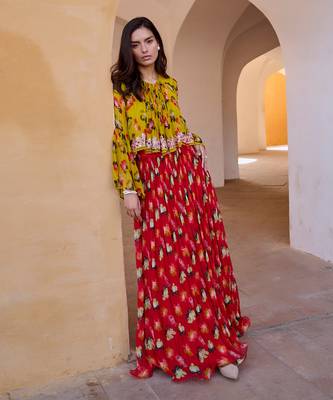 Gulbahar bumble bee boho top with chilly red chiffon skirt set. 3