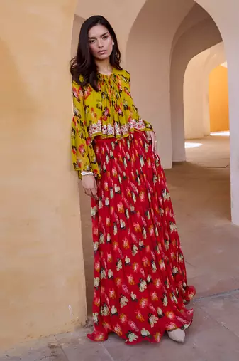 Gulbahar bumble bee boho top with chilly red chiffon skirt set.