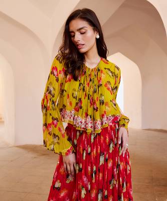 Gulbahar bumble bee boho top with chilly red chiffon skirt set. 4