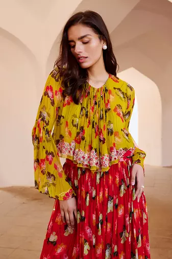 Gulbahar bumble bee boho top with chilly red chiffon skirt set.