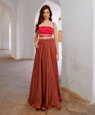 Gulbahar red bandeau string top with stripe skirt and belt set 1
