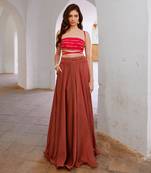 Gulbahar red bandeau string top with stripe skirt and belt set