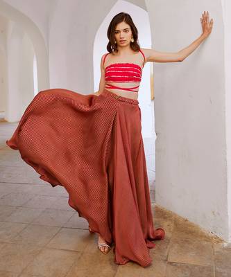 Gulbahar red bandeau string top with stripe skirt and belt set 2
