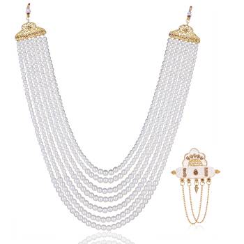   groom sherwani necklace moti mala layered for wedding | groom mala with brooch set 2