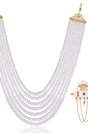   groom sherwani necklace moti mala layered for wedding | groom mala with brooch set
