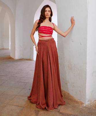 Gulbahar red bandeau string top with stripe skirt and belt set 3