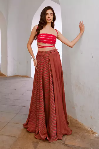 Gulbahar red bandeau string top with stripe skirt and belt set