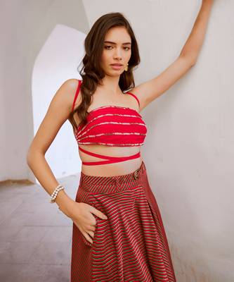 Gulbahar red bandeau string top with stripe skirt and belt set 4