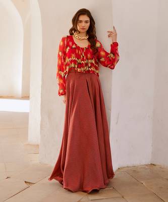 Gulbahar chilly  poppy boho top with stripe skirt and belt set 1