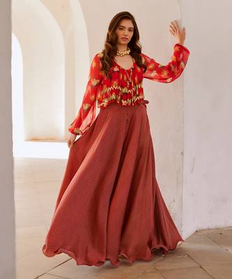 Gulbahar chilly  poppy boho top with stripe skirt and belt set 2