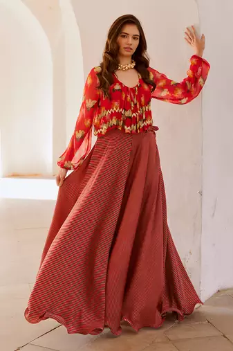 Gulbahar chilly  poppy boho top with stripe skirt and belt set