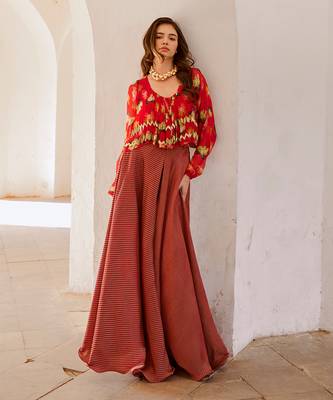 Gulbahar chilly  poppy boho top with stripe skirt and belt set 3