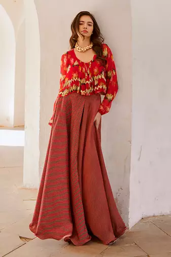 Gulbahar chilly  poppy boho top with stripe skirt and belt set