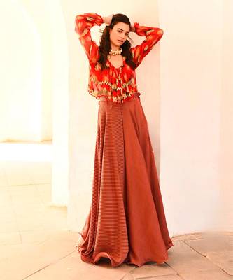 Gulbahar chilly  poppy boho top with stripe skirt and belt set 4