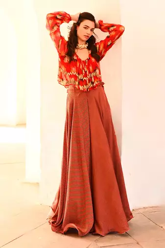 Gulbahar chilly  poppy boho top with stripe skirt and belt set