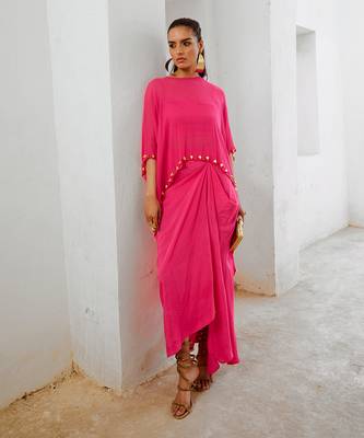 Gulbahar hot pink bell cape and drape skirt set 1