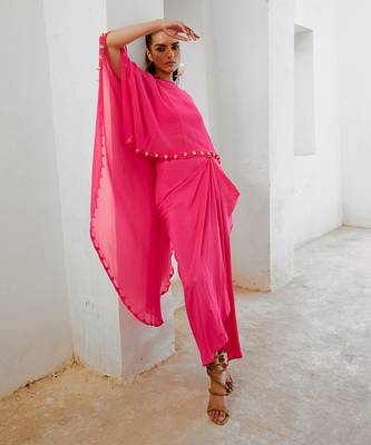Gulbahar hot pink bell cape and drape skirt set 2