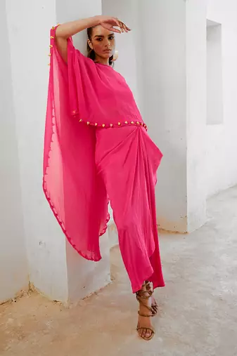 Gulbahar hot pink bell cape and drape skirt set