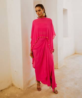 Gulbahar hot pink bell cape and drape skirt set 3