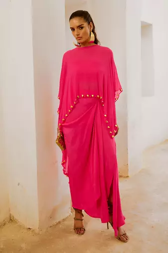 Gulbahar hot pink bell cape and drape skirt set
