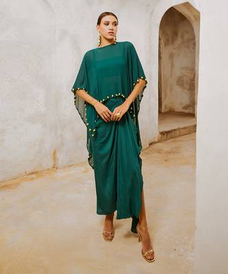Gulbahar bottle green bell cape and drape skirt set 1