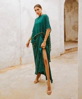 Gulbahar bottle green bell cape and drape skirt set 2