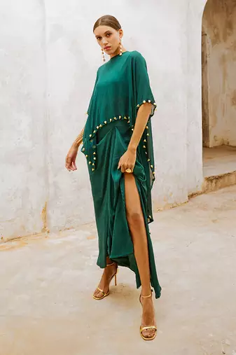 Gulbahar bottle green bell cape and drape skirt set