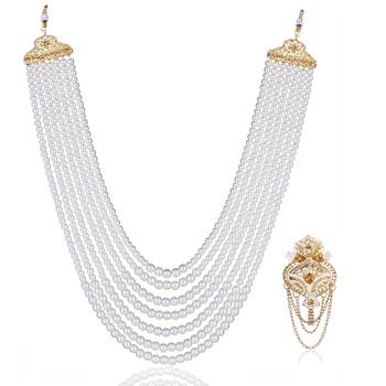   groom sherwani necklace moti mala layered for wedding | groom mala with brooch set 2