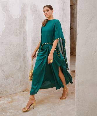 Gulbahar bottle green bell cape and drape skirt set 3