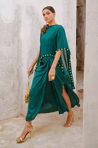 Gulbahar bottle green bell cape and drape skirt set
