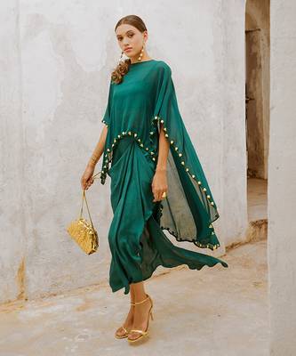 Gulbahar bottle green bell cape and drape skirt set 4