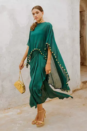Gulbahar bottle green bell cape and drape skirt set