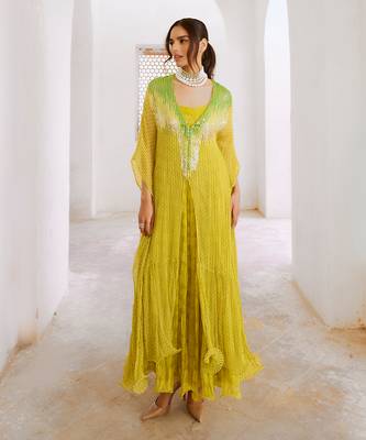 Gulbahar lemon green bling kaftan dress set 1