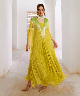 Gulbahar lemon green bling kaftan dress set 2