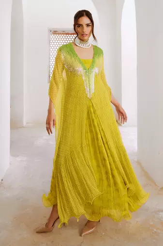 Gulbahar lemon green bling kaftan dress set