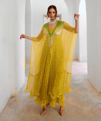 Gulbahar lemon green bling kaftan dress set 3