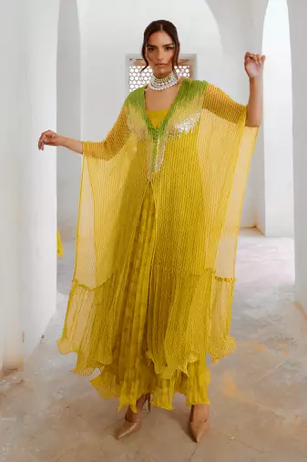 Gulbahar lemon green bling kaftan dress set