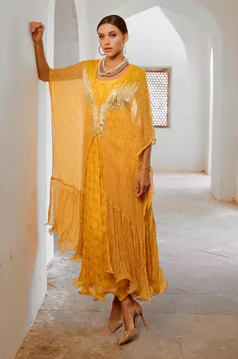 Gulbahar marigold bling kaftan dress set
